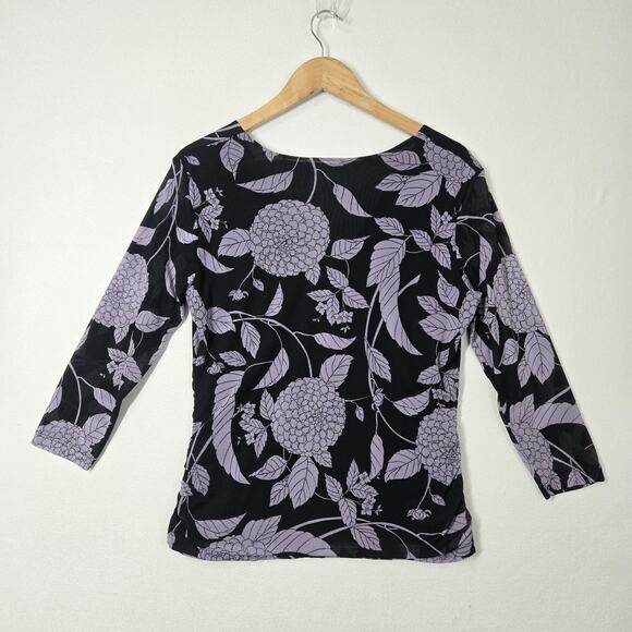VTG Worthington Babydoll Top XL Black Purple Floral Surplice Neck Ruched Sides - Picture 8 of 14